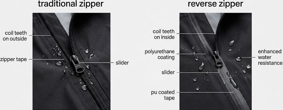 Reverse Zippers vs. Traditional Zippers in Waterproof Clothing Design