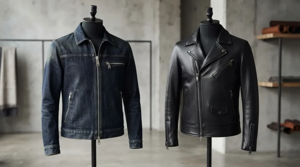 metal zipper applications in denim and leather clothing