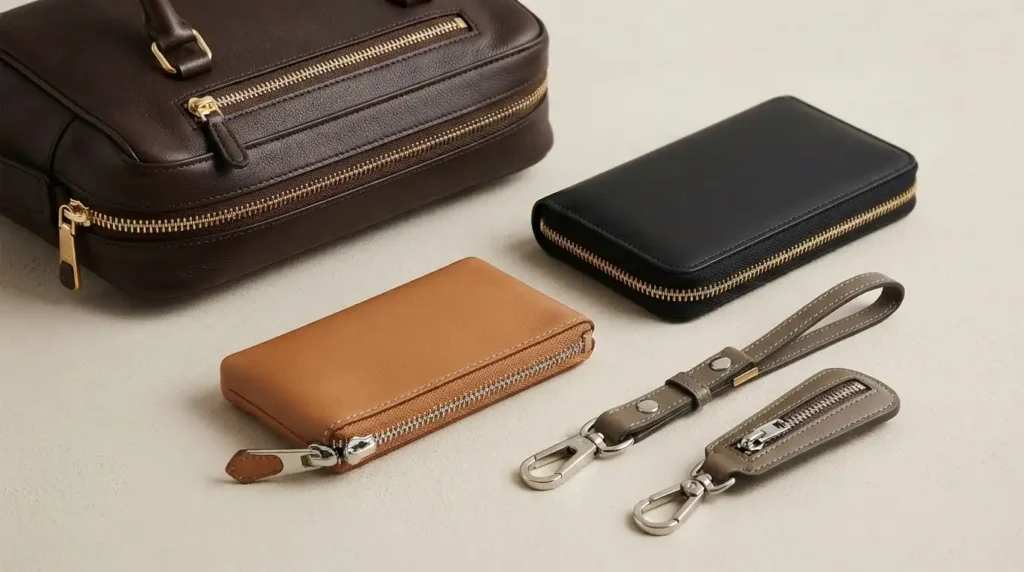 metal zipper applications in luxury bags, leather goods and fashion accessories