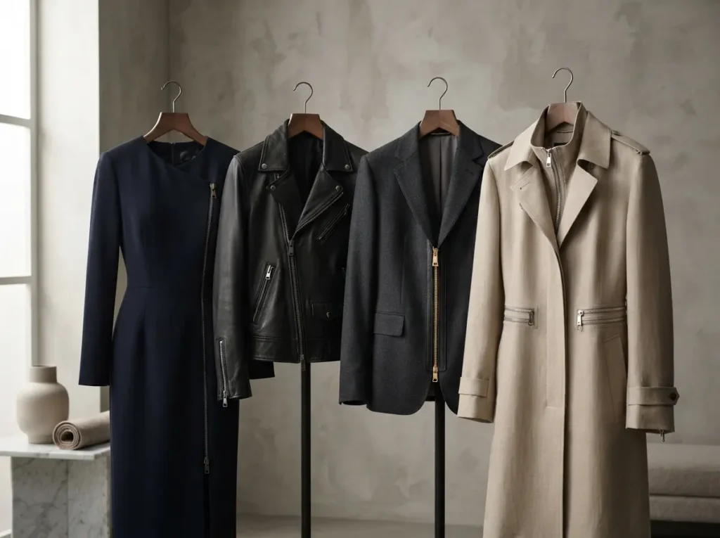 metallic plastic zipper applications in luxury fashion clothing