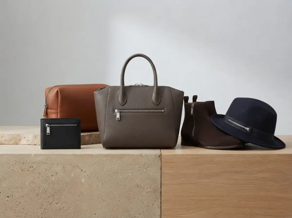 metallic plastic zipper applications in premium bags, leather goods