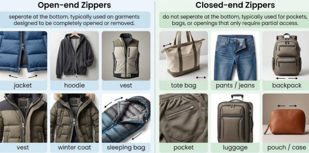 Common Applications of Open-end vs. Closed-end Zippers
