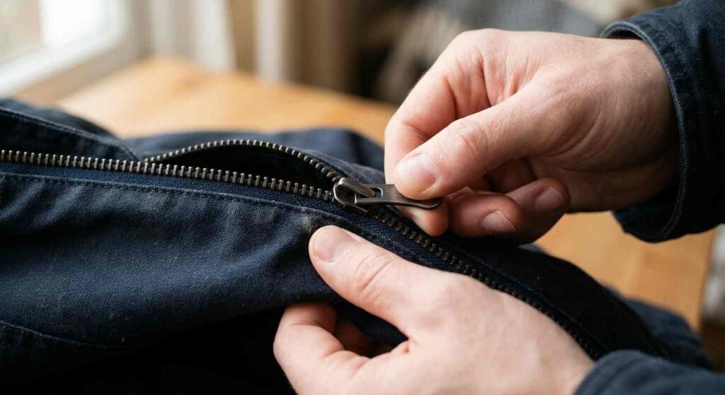 zipping a dark jacket